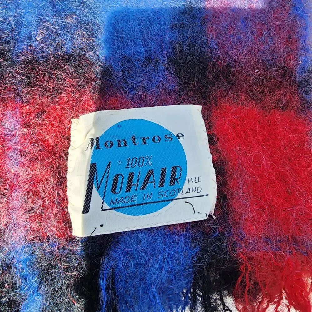 Vintage Montrose 100% Mohair Wool Blanket Red Blue Plaid Scotland 65x45‎